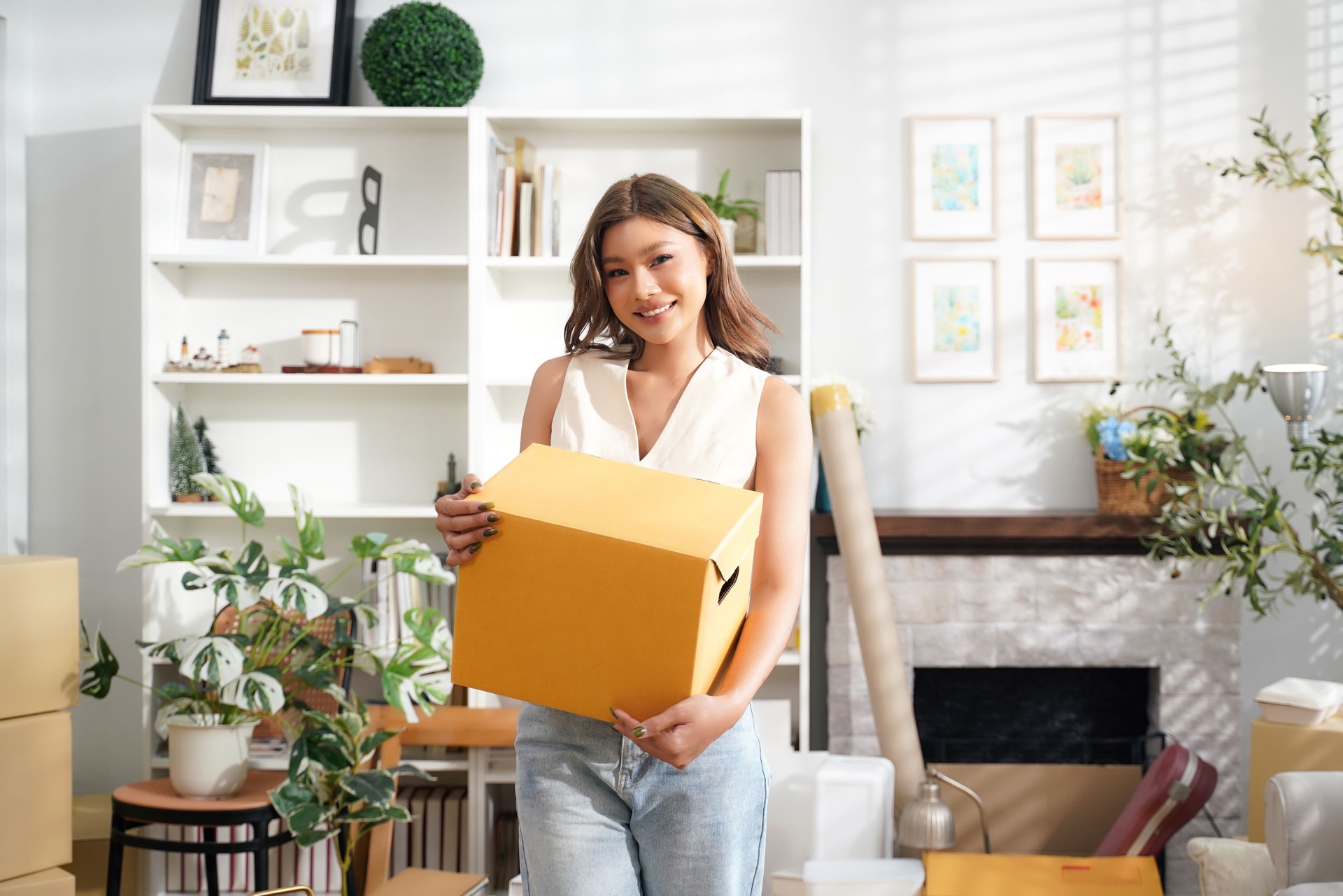 Young women and friend help walking in new home and moving home while packing boxes together and happy.  Asia women investment real estate for living with family.   Investment and Family Concept